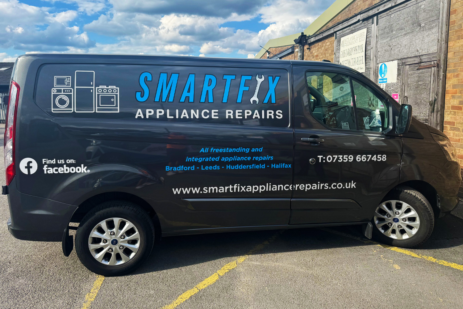 SmartFix Appliance Repairs van with bold blue and white branding and appliance icons, covering Bradford, Leeds, Huddersfield, and Halifax
