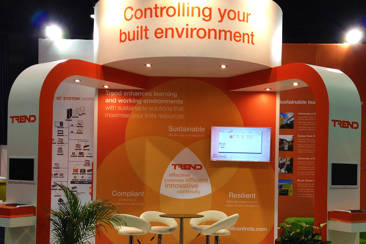 Custom-built exhibition stand for Trend showcasing building controls solutions, with branded panels and integrated lighting