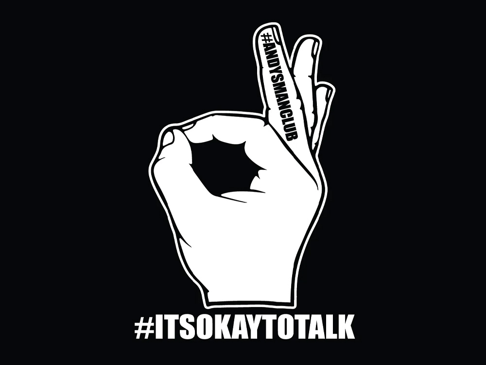 Andy’s Man Club logo promoting men’s mental health support with slogan It’s Okay to Talk