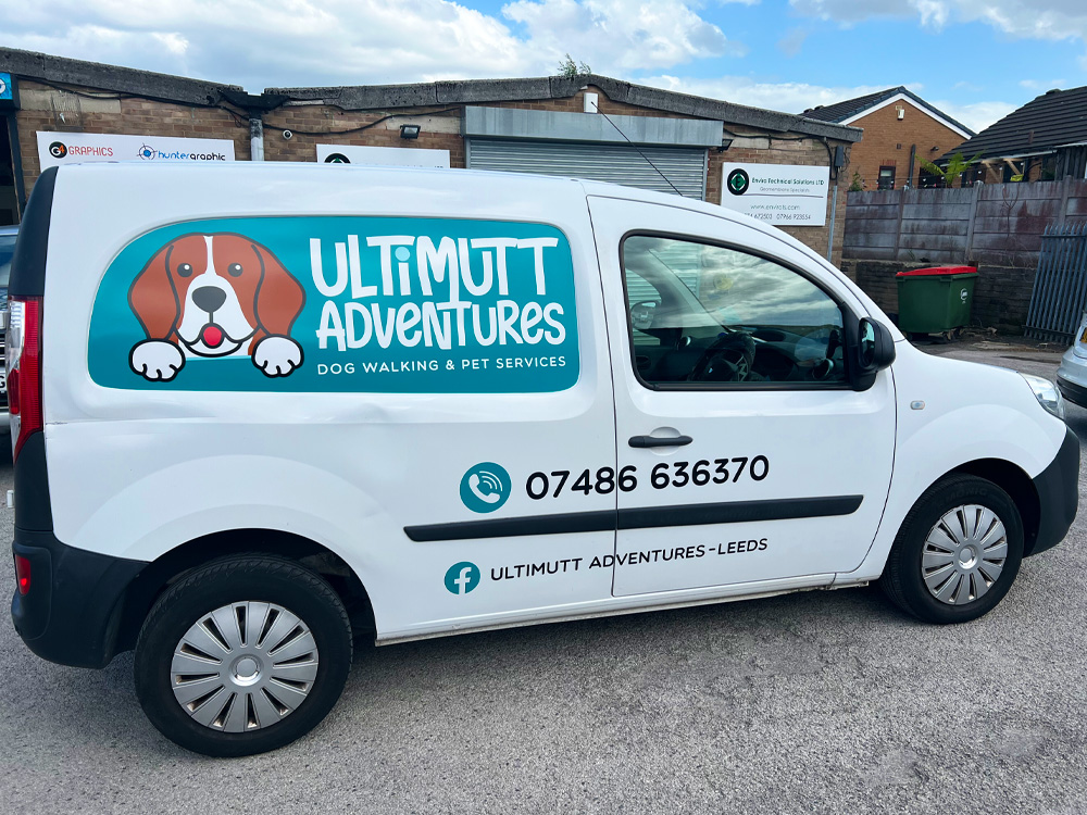 Ultimutt Adventures van with custom dog walking business graphics designed and installed by G4 Graphics Leeds