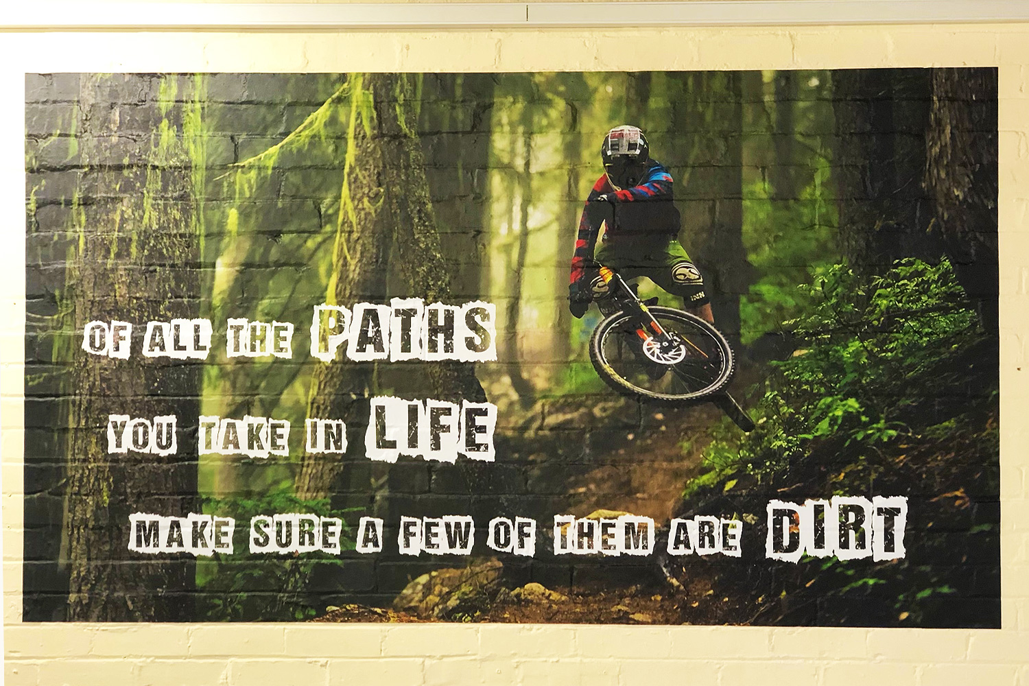 Wall mural of a mountain biker in the forest with inspirational quote